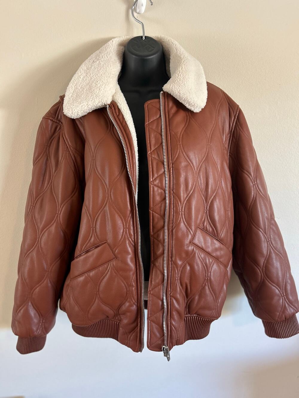 BLANKNYC Brown Quilted Faux Leather Sherpa Aviator Bomber Jacket